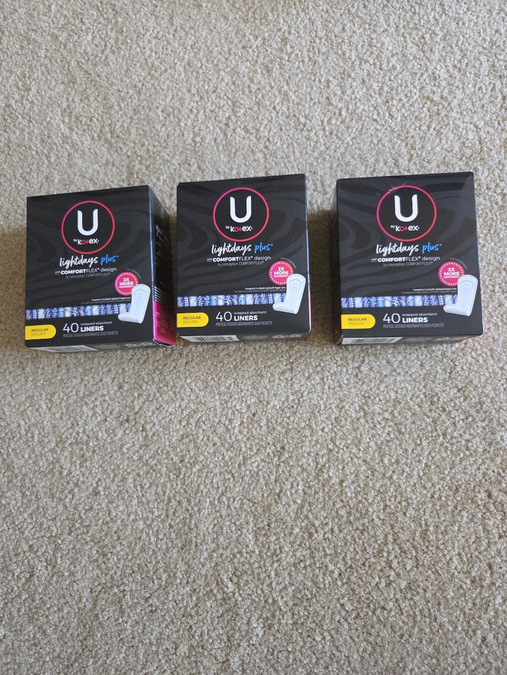 U by Kotex Light Days Plus Panty Liners Regular 40ct x 3 Boxes (120 Total)